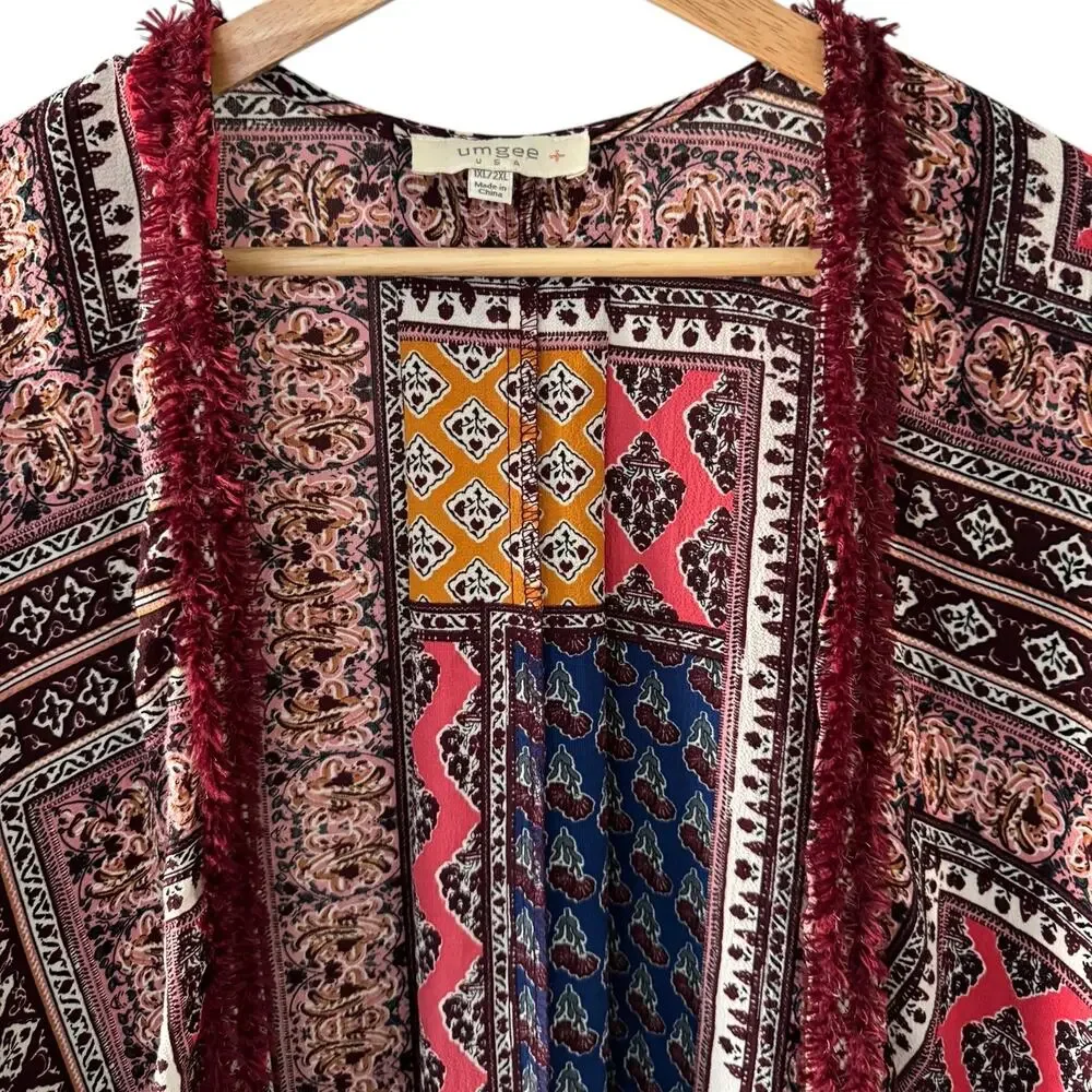 Umgee Mix Block Print Boho Patchwork Open Front Kimono Duster Plus Size 1XL/2XL - Picture 2 of 6